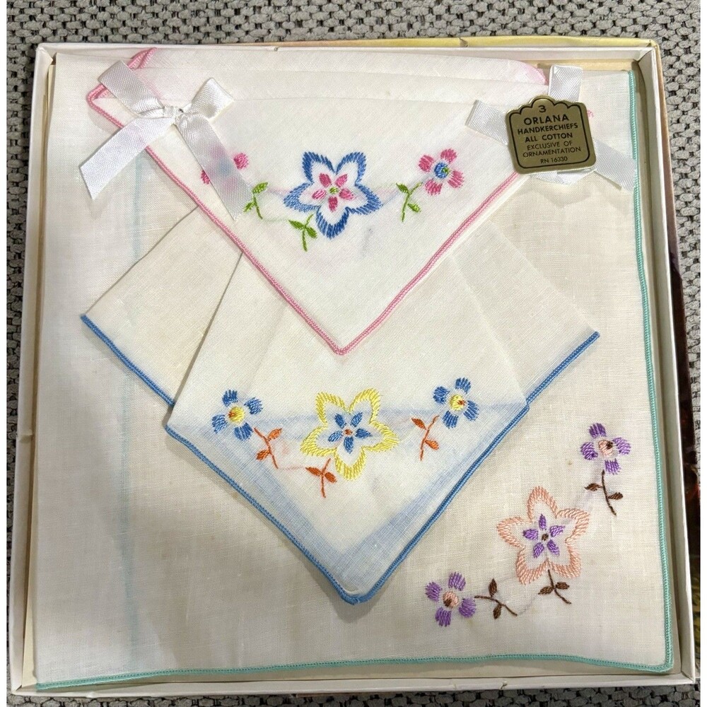 Vintage Orlana 3 Cotton Handkerchiefs Embroidered Floral Boxed Gift Set